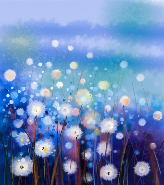 Abstract oil painting white flowers field in soft color. Oil paintings white dandelion flower in the meadows