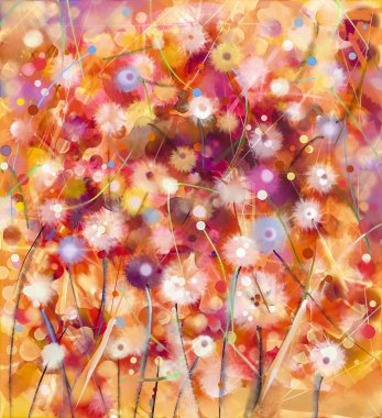 Abstract colorful floral, watercolor painting. Hand paint White, Yellow and Red flowers in soft color on yellow-brown background. Spring flower seasonal nature background