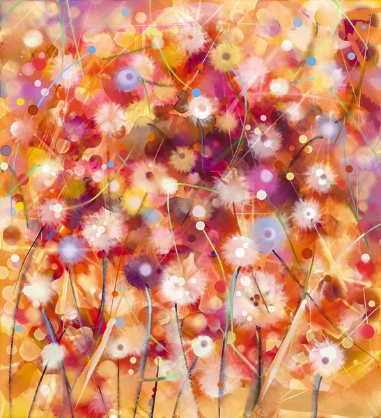 Abstrakte bunte florale, aquarellierte Malerei. Handbemalung weißer, gelber und roter Blumen in weicher Farbe auf gelb-braunem Hintergrund. Frühling Blume saisonale Natur Hintergrund — Stockfoto