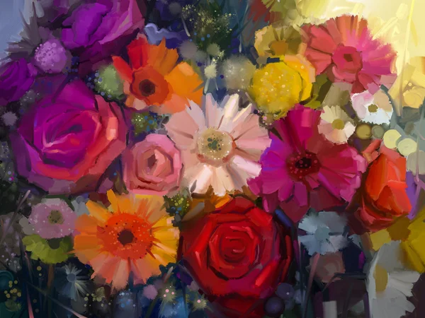 Natura morta di fiore a colori giallo, rosso e rosa. Pittura ad olio Bouquet colorato di fiori di rosa, margherita e gerbera — Foto Stock