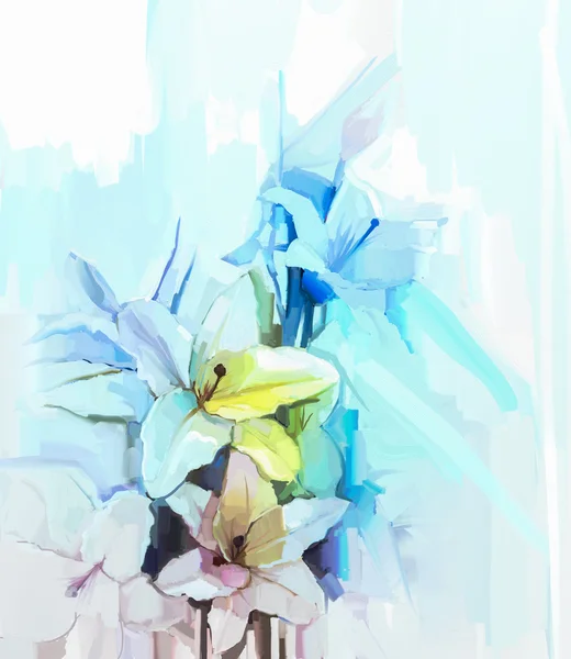 Still life of white color flowers with soft pink and blue background. Oil Painting Soft colorful Bouquet of lily flower — ストック写真