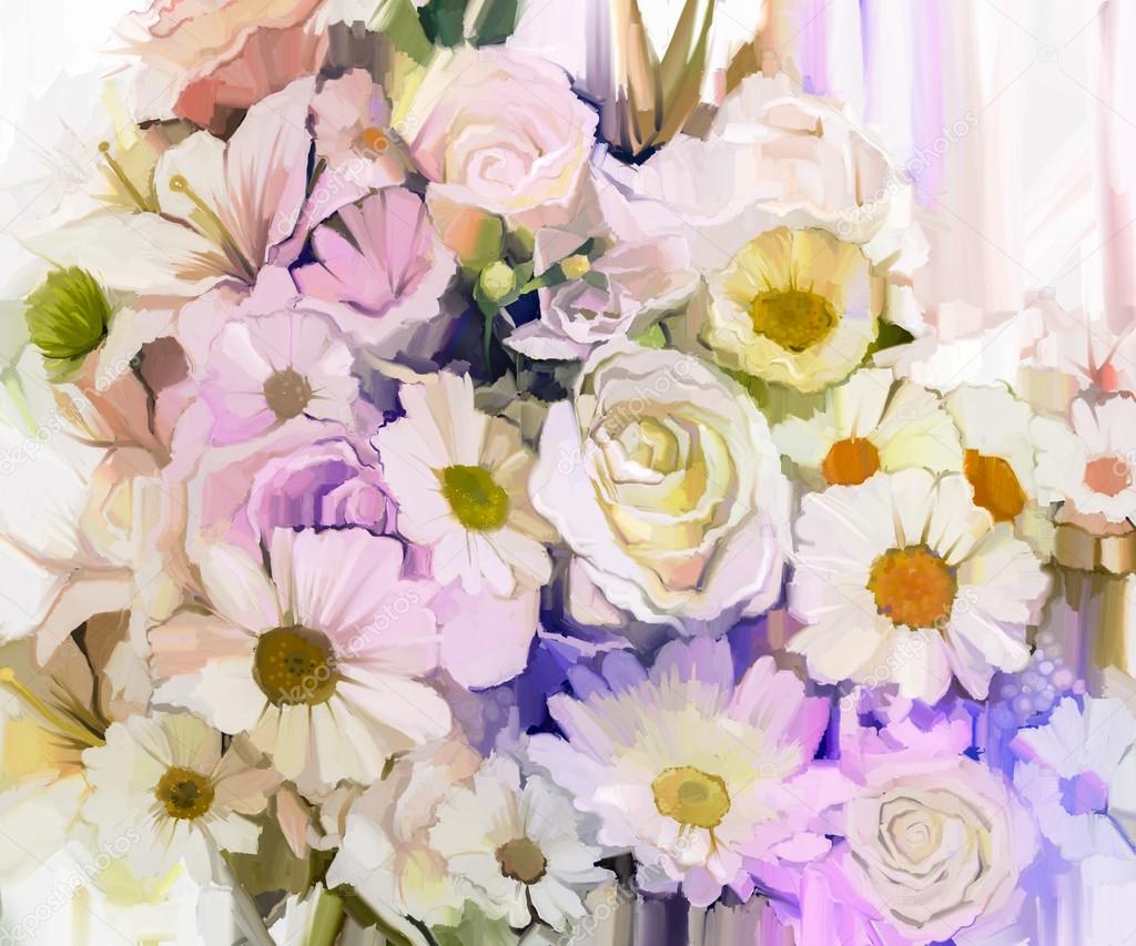 Still life of white color flowers with soft pink and purple background. Oil Painting Soft colorful Bouquet of rose, daisy, lily and gerbera flowers