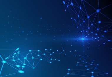 Koyu mavi arkaplanda soyut molekül yapısı. İletişimin vektör illüstrasyonu - gelecekteki teknoloji kavramı için ağ