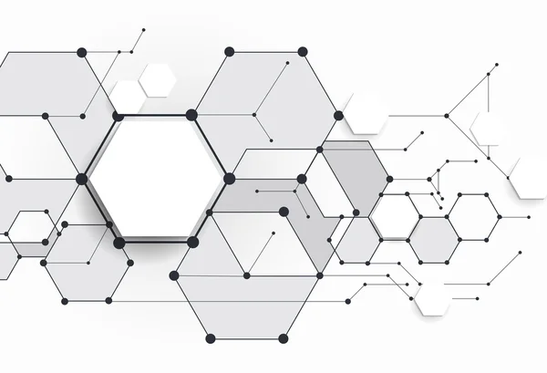 Vector Abstract molecules with 3D paper polygon on light gray background. Communication-social media technology concept