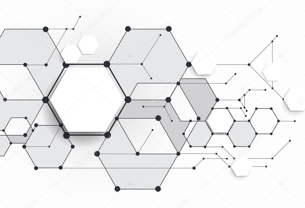 Vector Abstract molecules with 3D paper polygon on light gray background. Communication-social media technology concept