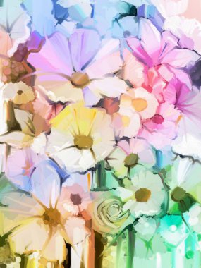 Oil Painting Soft colorful Bouquet of rose, daisy, lily and gerbera flower