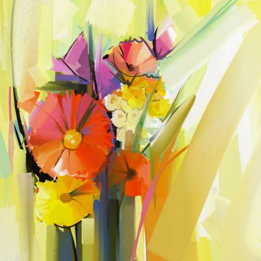 Abstract oil painting of spring flower. Still life of yellow and red gerbera flowers