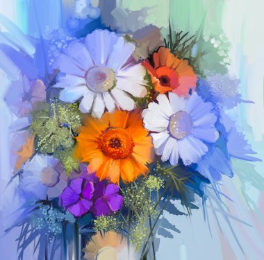 Still life of yellow, red and pink color flower. Oil Painting - Colorful Bouquet of rose, daisy and gerbera flowers. clipart