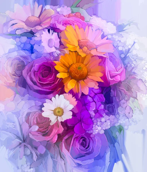 Still life of yellow, red and pink color flower. Oil Painting - Colorful Bouquet of rose, daisy and gerbera flowers. — Stock fotografie