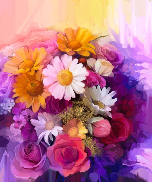 Natura morta di fiore a colori giallo, rosso e rosa. Pittura ad olio Bouquet colorato di fiori di rosa, margherita e gerbera — Foto Stock