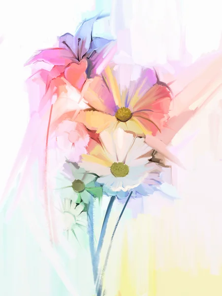 Bodegón de flores de color blanco con suave rosa y púrpura. Pintura al óleo Ramo de flores de margarita, lirio y gerberas de colores suaves —  Fotos de Stock