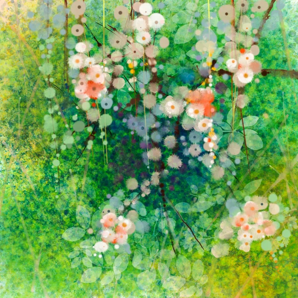 Watercolor painting flowers and soft green leaves. Yellow-green color texture on grunge paper background. — Stock Photo, Image