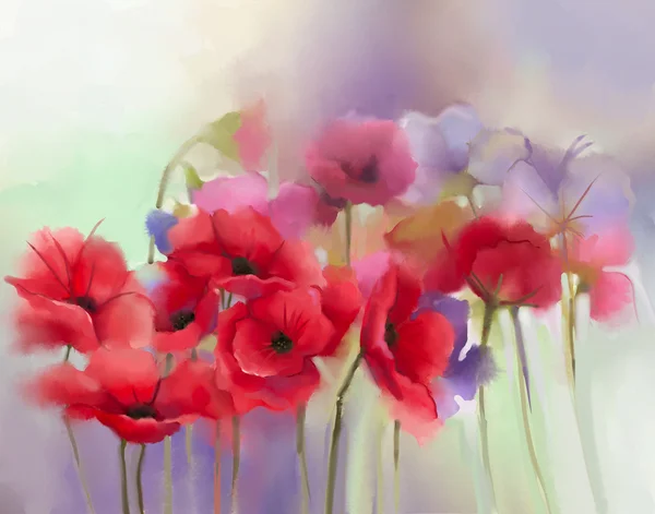 Watercolor red poppy flowers painting. Flower paint in soft color and blur style, Soft green and pupple background.