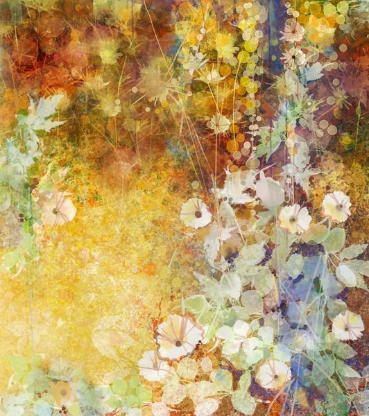 Aquarel schilderij van witte bloemen en zachte groene bladeren. Geel-bruine kleur textuur op Grunge Paper achtergrond — Stockfoto