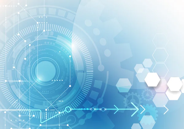Illustration vectorielle roue dentée, globe oculaire, hexagones et circuit imprimé, Technologie et ingénierie numériques de pointe, concept de technologie numérique des télécommunications . — Image vectorielle