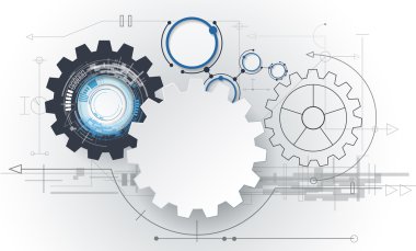 Vektör soyut fütüristik, 3d beyaz kağıt Dişli çark devre kartı üzerinde. Resimde yüksek teknoloji, mühendislik, dijital Telekom, teknoloji kavramı