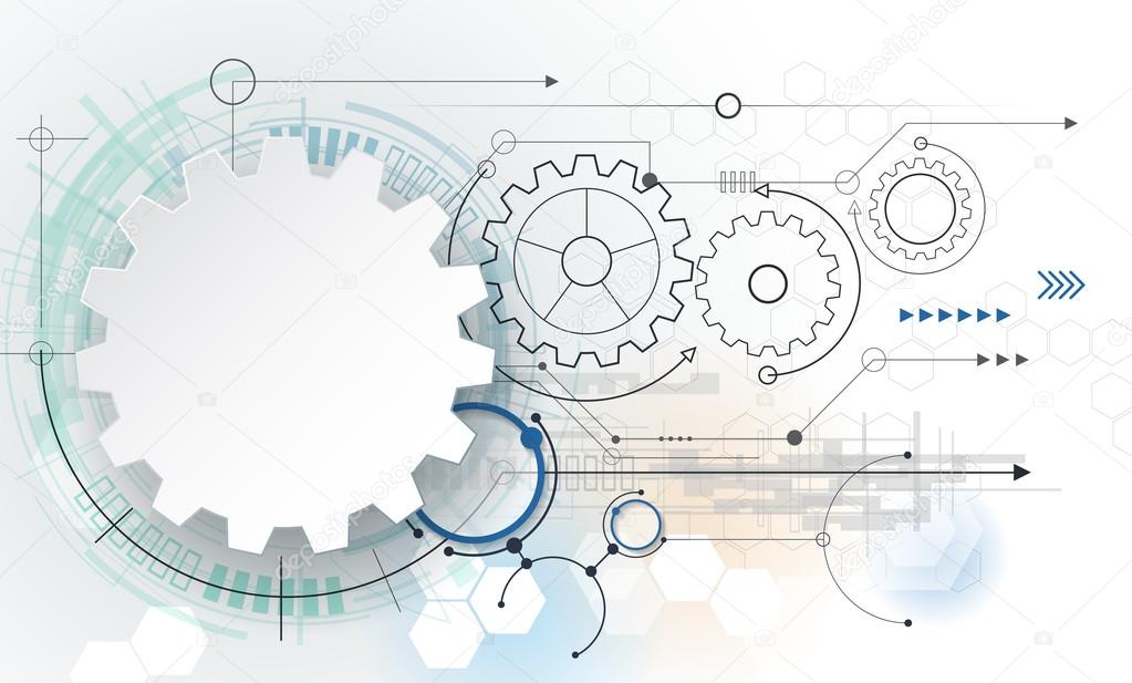 Vector futuristic technology, 3d white paper gear wheel on circuit board. Illustration hi-tech, engineering, digital telecoms concept.