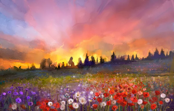 Pittura ad olio papavero, dente di leone, fiori di margherita nei campi. Tramonto prato paesaggio con fiori di campo, collina, cielo in arancione e blu viola sfondo colore — Foto Stock