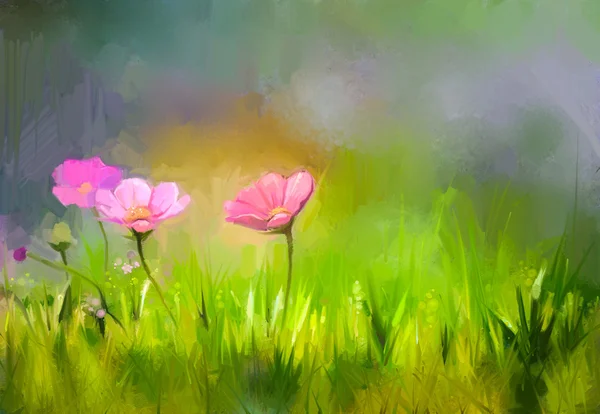 Oil painting nature grass flowers. Hand paint close up pink cosmos flower, pastel floral and shallow depth of field.