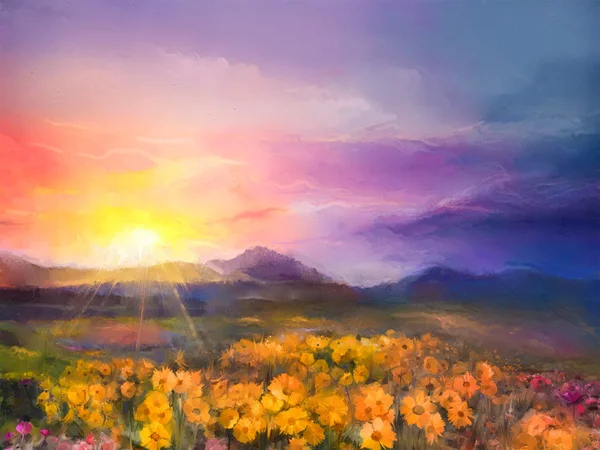 Peinture à l'huile jaune doré fleurs de marguerite dans les champs. Paysage de prairie coucher de soleil avec fleurs sauvages, colline et ciel en couleur orange et bleu violet fond . — Photo