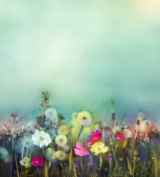 Peinture à l'huile fleurs de pissenlit, pavot, marguerite dans les champs. Peinture à la main Champ de fleurs sauvages dans la prairie d'été . — Photo