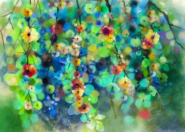 Abstrakte florale Aquarellmalerei. handbemalte weiße - gelbe und rote Blüten und weiche grüne Blätterfarbe mit Bokeh. — Stockfoto