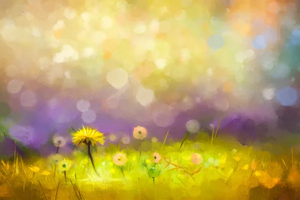 Peinture à l'huile fleurs d'herbe nature-pissenlits jaunes — Photo