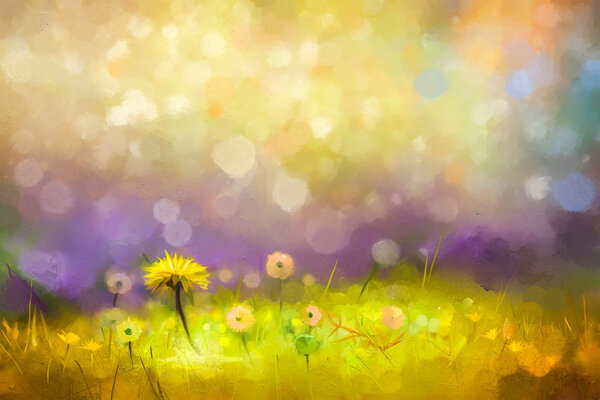 Oil painting nature grass flowers- yellow dandelions — Stock Photo, Image
