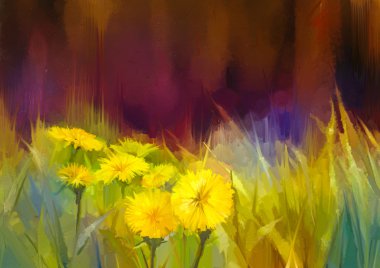 Yağlı boya doğa çimen çiçekler. El Paint'i kapatın sarı dandelions kadar pastel çiçek ve sığ derinlik-in tarla.