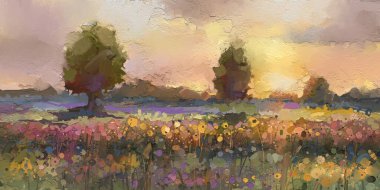 Soyut sanat, açık havada çiçek, kır çiçeği, tarla, çayır ve mavi gökyüzü ile yağlı boya. Çizim sanatı, yaz - bahar doğası. Arka plan için çağdaş empresyonist sanat