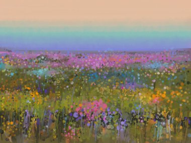 Soyut sanat, açık havada çiçek, kır çiçeği, tarla, çayır ve mavi gökyüzü ile yağlı boya. Çizim sanatı, yaz - bahar doğası. Arka plan için çağdaş empresyonist sanat
