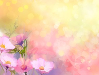 Yağlı boya doğa çimen çiçekler. El boya kadar pembe cosmos çiçek, pastel çiçek ve sığ derinlik-in tarla kapatın. Bulanık doğa arka plan.