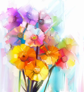 Bahar çiçek soyut Yağlıboya Resim. Sarı, pembe ve kırmızı gerbera, Natürmort. Açık yeşil-mavi renkli arka plan ile renkli buket çiçek.