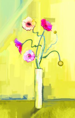 Bahar çiçek soyut Yağlıboya Resim. Sarı, pembe ve kırmızı gerbera, Natürmort. Buket çiçek aranjman açık sarı-yeşil renkli arka plan ile.