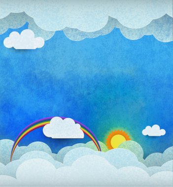 Güneş, güneş, beyaz bulut ve rainbow ile mavi su renk doku özgeçmişlerine soyut kağıt kesme.