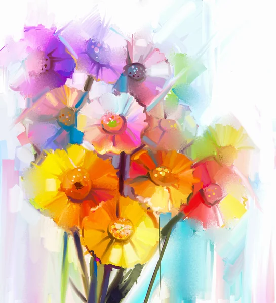 Abstraktes Ölgemälde der Frühlingsblume. Stillleben der gelben, rosa und roten Gerbera. bunte Blumensträuße mit hellgrün-blauem Hintergrund. — Stockfoto