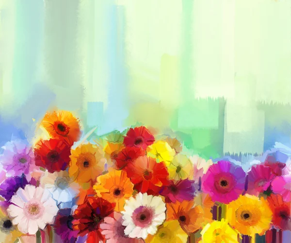 Olieverfschilderij - stilleven van geel, rood en roze kleur bloem. Kleurrijke boeket van daisy en gerbera bloemen. — Stockfoto