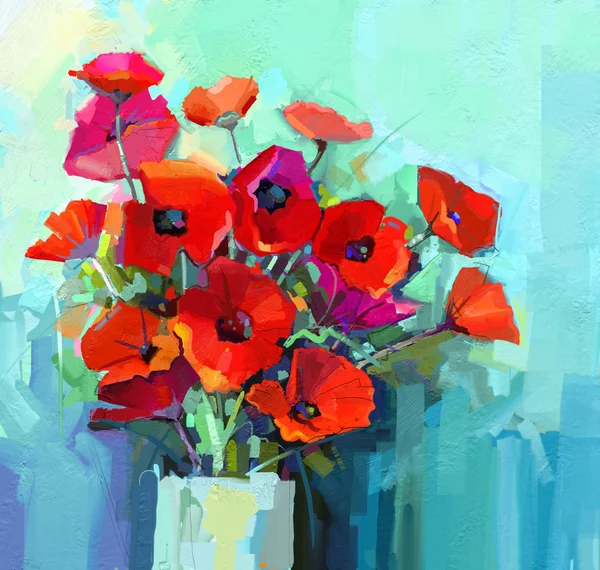Pittura ad olio - Natura morta di fiori di colore rosso e rosa. Bouquet colorato di fiori di papavero in vaso. Colore sfondo verde e blu — Foto Stock