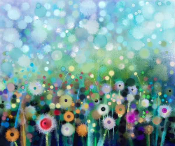 Abstract floral watercolor painting. Hand paint Yellow and white flowers dandelion in soft color on green-blue color background — Stock Photo, Image