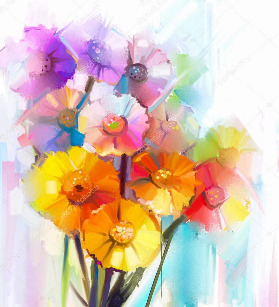 Abstract oil painting of spring flower. Still life of yellow, pink and red gerbera. Colorful Bouquet flowers with light green-blue color background.