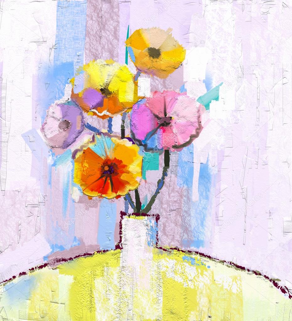 Abstract oil painting of spring flower. Still life of yellow, pink and red gerbera. Colorful Bouquet flowers in vase with light blue color background.