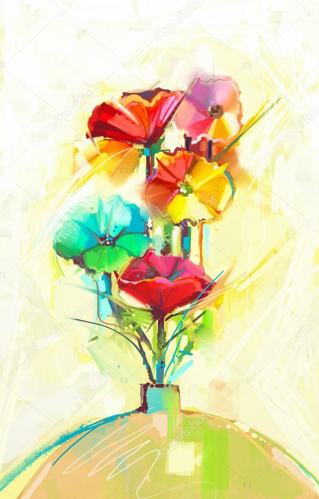 Abstract oil painting of spring flower. Still life of yellow, gr