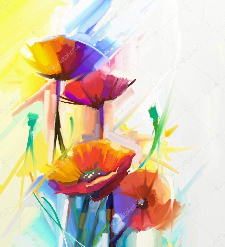 Abstract oil painting of spring flower. Still life of yellow, pink and red poppy