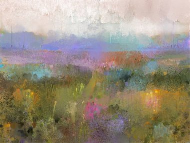 Soyut sanat, suluboya açık havada çiçek, kır çiçeği, çayır, çayır, kağıt üzerinde mavi gökyüzü. Çizim sanatı, yaz - bahar doğası. Arka plan için çağdaş empresyonist