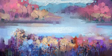 Soyut renkli yağlı boya resim ağacı, göl ya da nehir, gökyüzü ve günbatımı. Modern soyut sanat yağlı boya, doğanın görüntüsü, manzara. Duvar kağıdı arkaplanı için çağdaş empresyonist sanat