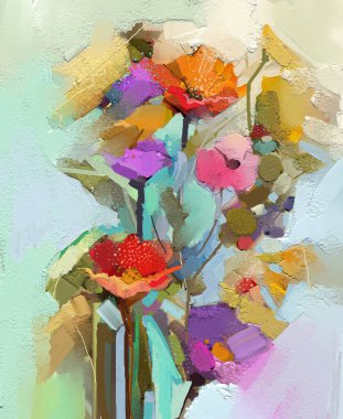 Soyut yağlı boya renkli bahar çiçeği resmi. El boyası fırça darbesi. Resim yağlı boya renkli, duvar kağıdı arkaplanı için çiçekleri yakın plan. Modern izlenimcilik sanatı çiçekleri sarı, kırmızı renkle boyar.