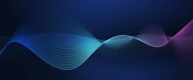 Vektör elemanı. Soyut dalga çizgisi, parçacık nokta deseni, koyu mavi arkaplanda neon ışığı. Sancak arkaplanı için modern fütürist tasarım. Ağ, bilim, teknoloji, veri teknolojisi konsepti