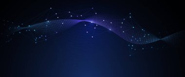 Moleküllü vektör çizimi soyut teknoloji, akışkan nokta parçacık akış çizgisi, kablo çerçevesi ve mavi arkaplan üzerindeki nokta. Datum teknoloji ağı, bilim, yapay zeka konsepti