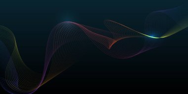 Vektör tasarım elemanı. Soyut dijital dinamik neon ışığı, mor mavi dalgalı çizgiler, arka planlar için renkli gradyan. Koyu mavi arka planda parlayan ve akan dalga çizgisi hareketi. Modern fütürist teknoloji kavramı