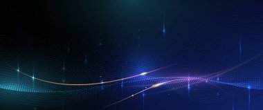 Vektör soyut dinamiği, dalga parçacığı ve nokta. Dinamik ağlı illüstrasyon teknolojisi arka planı, bayrak için akış parçacıkları tasarımı, duvar kağıdı. Yüksek teknoloji, dijital veri ağı ve bilim konsepti